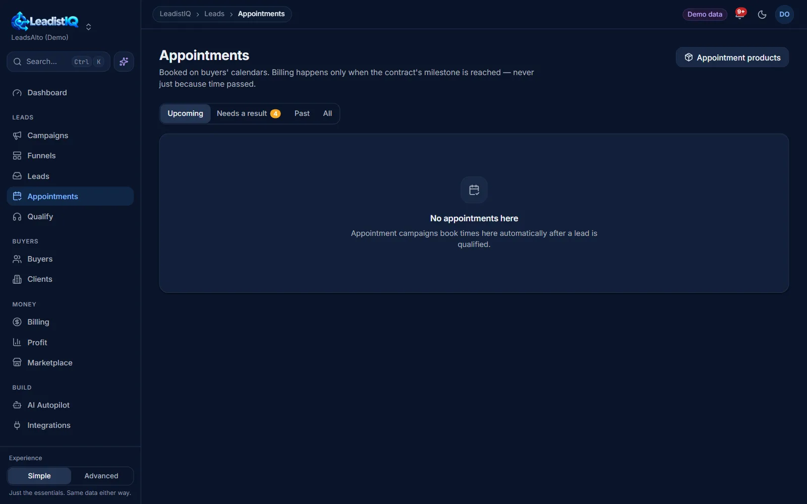 The appointments list showing attended appointments billed at $150, no-shows not billable with replacement owed.