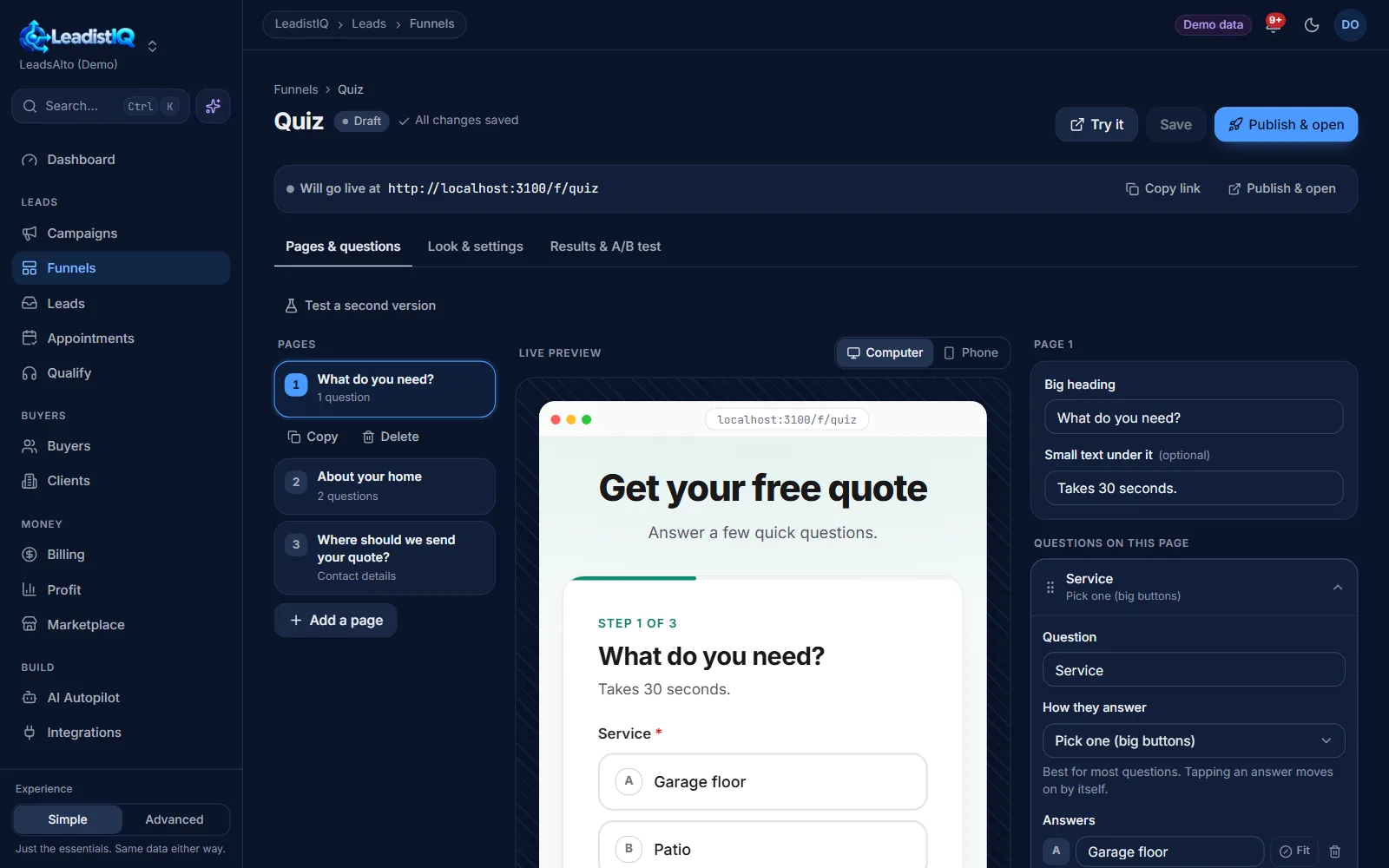 The funnel builder with pages, a live preview of a quote quiz, and a plain-word question editor.